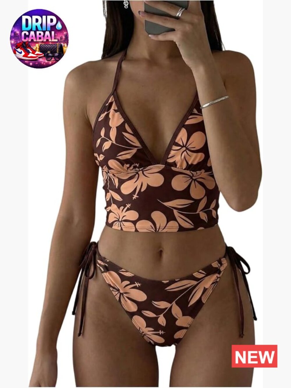 High Stretch Floral Halter Neck Tankini Swim Set with Tie Side